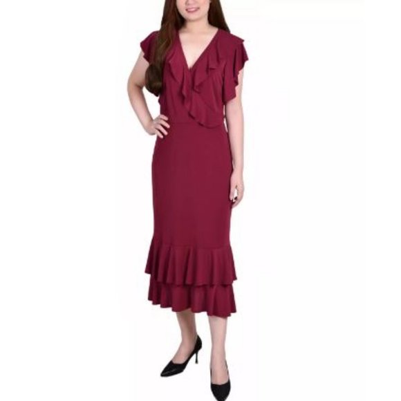 NY Collection Women's Dress Flutter Sleeve Ruffled Neck Midi Length Petite XL - Picture 1 of 4
